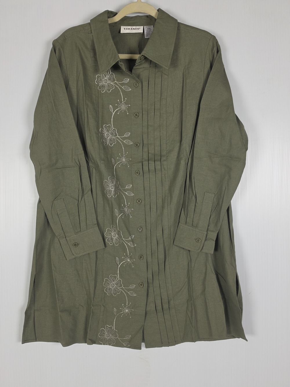 VERANESI Olive Green Embroidered Linen Blend Shirt